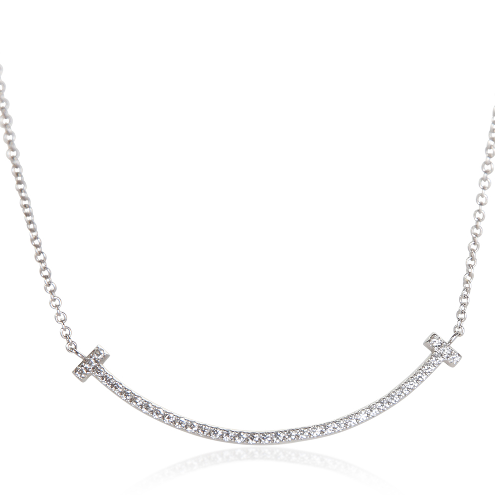 Tiffany & Co. White Gold Diamond Small Model Tiffany T Smile Necklace